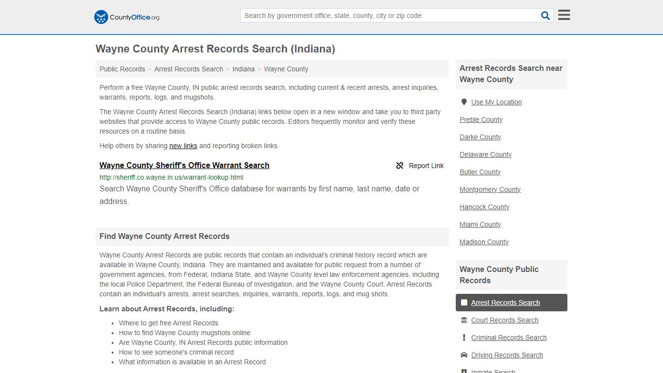 Wayne County Arrest Records Search (Indiana) - County Office